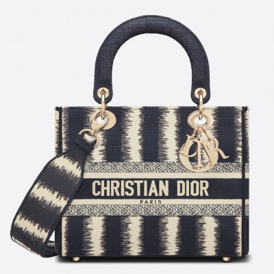 Dior Medium Lady D-Lite Bag In Blue D-Stripes Embroidery LDBS240552