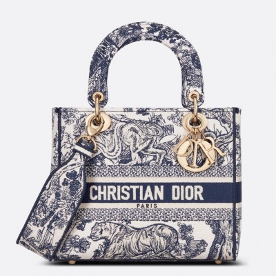 Dior Medium Lady D-Lite Bag In Blue Toile de Jouy Embroidery LDBS240556