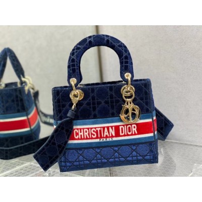 Dior Medium Lady D-Lite Bag In Blue Velvet Embroidery LDBS240557