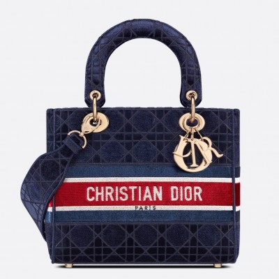 Dior Medium Lady D-Lite Bag In Blue Velvet Embroidery LDBS240557