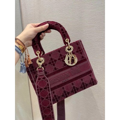 Dior Medium Lady D-Lite Bag In Bordeaux Embroidered Velvet LDBS240558