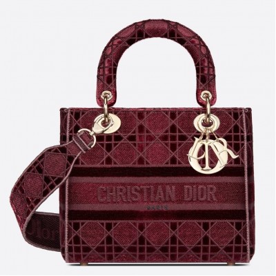 Dior Medium Lady D-Lite Bag In Bordeaux Embroidered Velvet LDBS240558