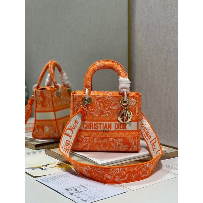 Dior Medium Lady D-Lite Bag In Fluorescent Orange Toile de Jouy Reverse Embroidery LDBS240562