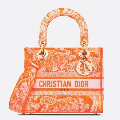 Dior Medium Lady D-Lite Bag In Fluorescent Orange Toile de Jouy Reverse Embroidery LDBS240562