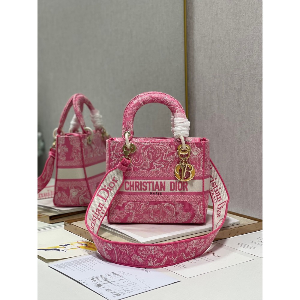 Dior Medium Lady D-Lite Bag In Fluorescent Pink Toile de Jouy Reverse Embroidery LDBS240563