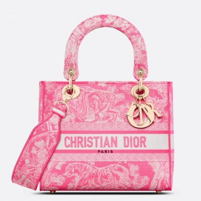 Dior Medium Lady D-Lite Bag In Fluorescent Pink Toile de Jouy Reverse Embroidery LDBS240563