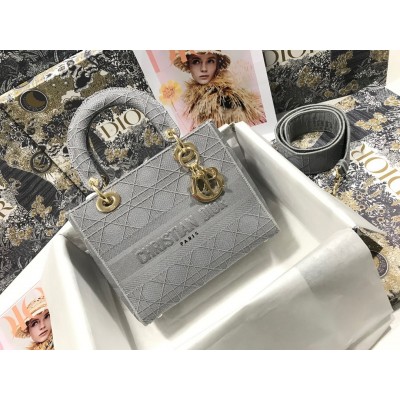 Dior Medium Lady D-Lite Bag In Gray Cannage Embroidery LDBS240565