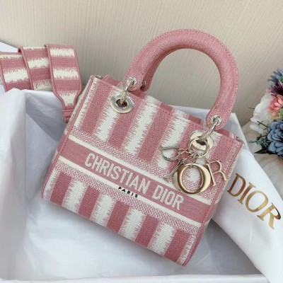 Dior Medium Lady D-Lite Bag In Pink D-Stripes Embroidery LDBS240573