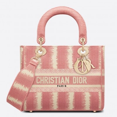 Dior Medium Lady D-Lite Bag In Pink D-Stripes Embroidery LDBS240573