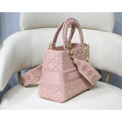 Dior Medium Lady D-Lite Bag In Pink Embroidered Canvas LDBS240574