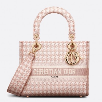 Dior Medium Lady D-Lite Bag In Pink Houndstooth Embroidery LDBS240575