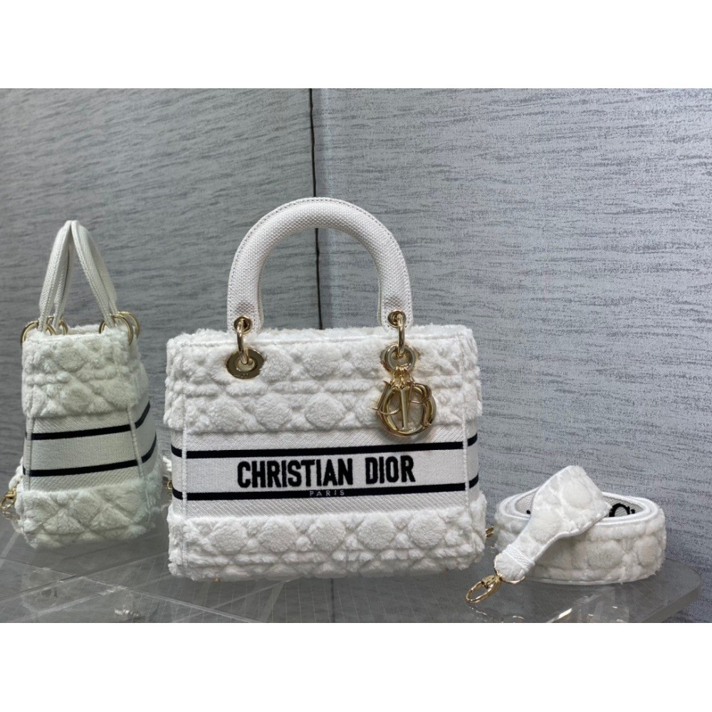 Dior Medium Lady D-Lite Bag In White Cannage Shearling LDBS240578