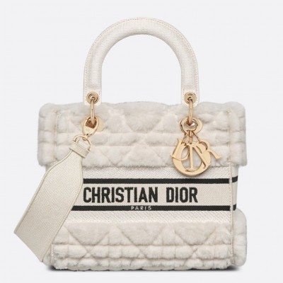 Dior Medium Lady D-Lite Bag In White Cannage Shearling LDBS240578