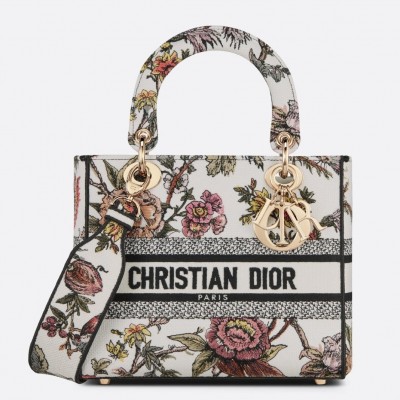 Dior Medium Lady D-Lite Bag In White Jardin Botanique Embroidery LDBS240579