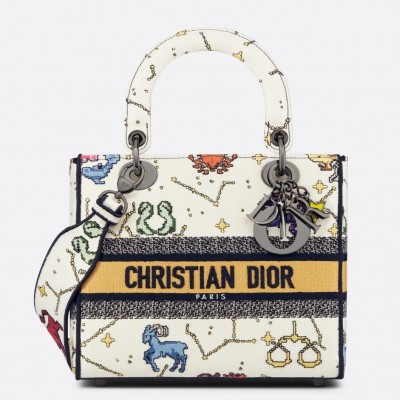 Dior Medium Lady D-Lite Bag In White Pixel Zodiac Embroidery LDBS240582