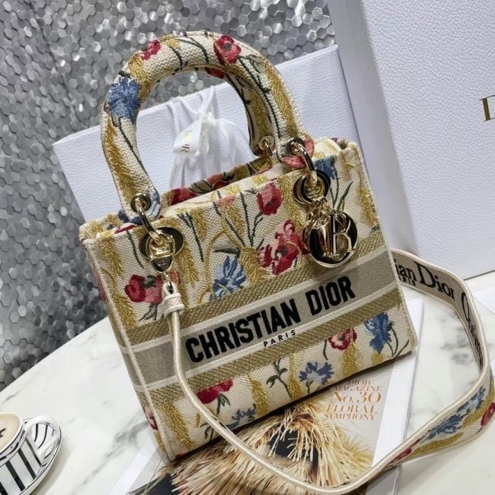 Dior Medium Lady D-Lite Hibiscus Metallic Thread Embroidery Bag LDBS240586