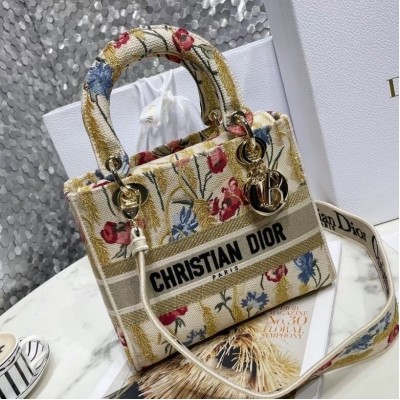 Dior Medium Lady D-Lite Hibiscus Metallic Thread Embroidery Bag LDBS240586