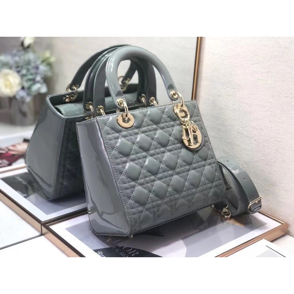 Dior Medium Lady Dior Bag In Grey Patent Cannage Calfskin LDBS240514