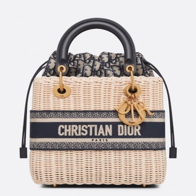 Dior Medium Lady Dior Bag In Wicker and Blue Oblique Jacquard LDBS240531