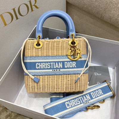 Dior Medium Lady Dior Bag In Wicker and Light Blue Oblique Jacquard LDBS240532