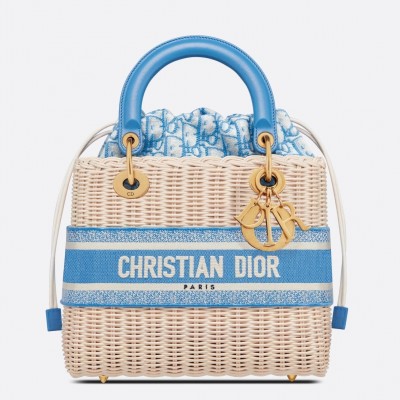 Dior Medium Lady Dior Bag In Wicker and Light Blue Oblique Jacquard LDBS240532