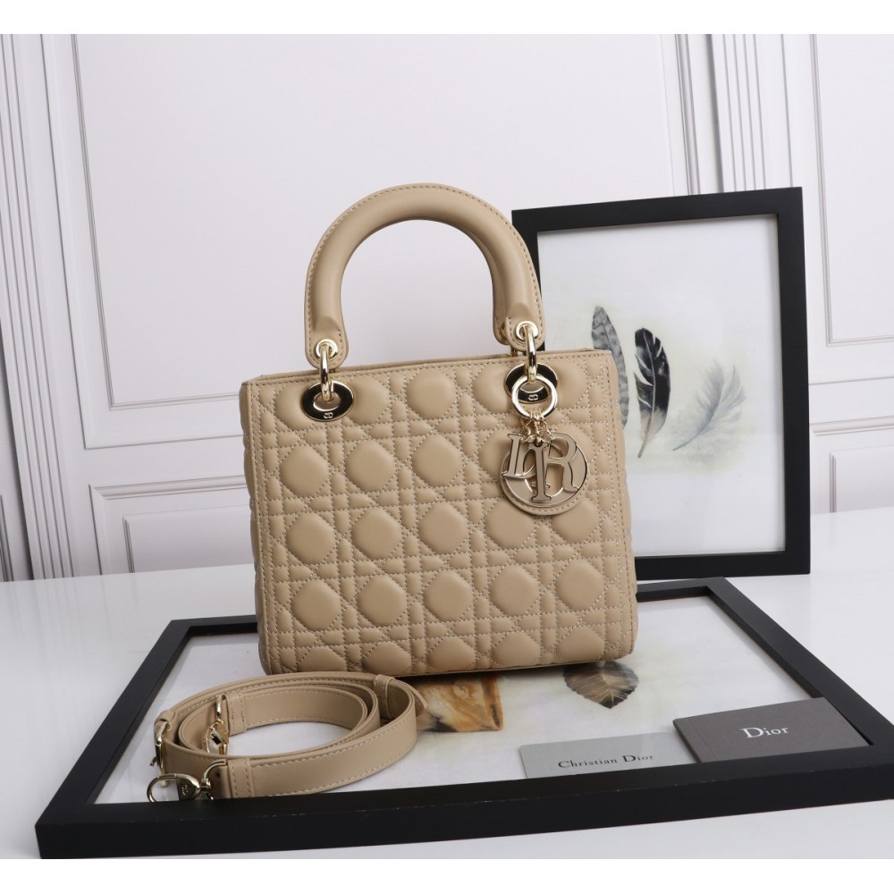 Dior Medium Lady Dior Bag with Enamel Charm In Beige Lambskin LDBS240535