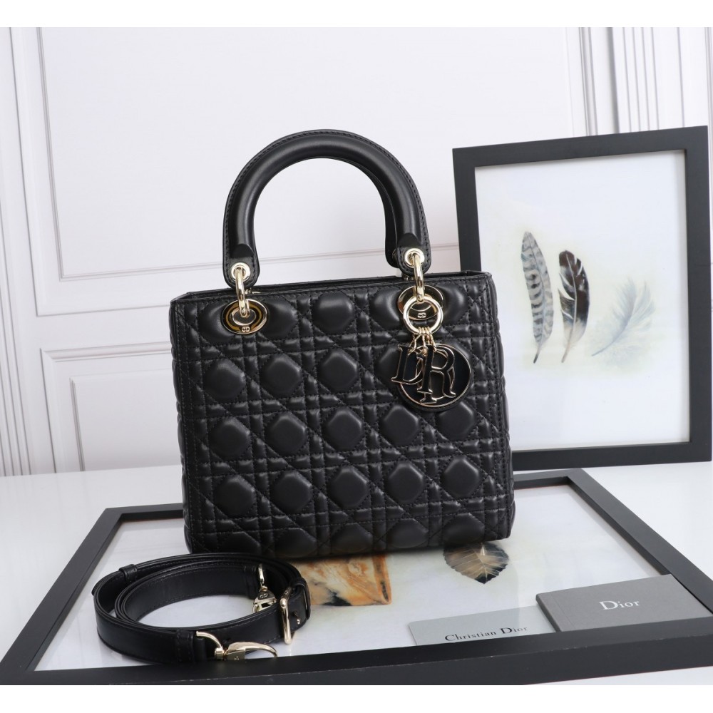 Dior Medium Lady Dior Bag with Enamel Charm In Black Lambskin LDBS240536