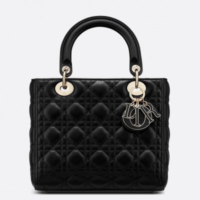 Dior Medium Lady Dior Bag with Enamel Charm In Black Lambskin LDBS240536