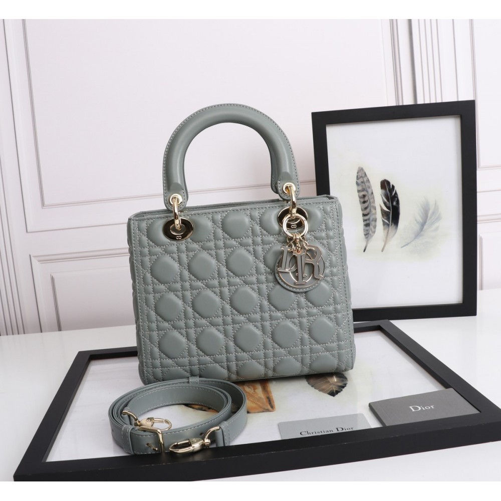 Dior Medium Lady Dior Bag with Enamel Charm In Grey Lambskin LDBS240537