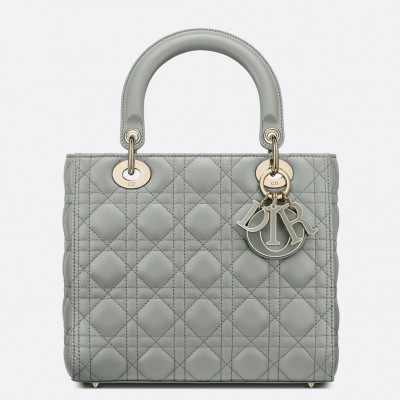 Dior Medium Lady Dior Bag with Enamel Charm In Grey Lambskin LDBS240537