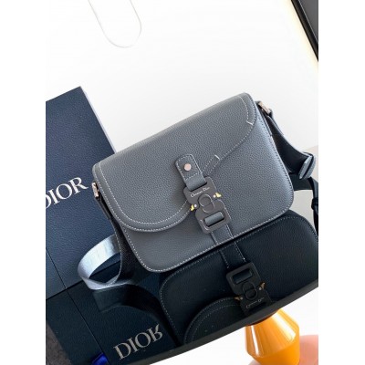 Dior Men's Small Saddle Messenger Bag in Grey Grained Calfskin LDBS240605