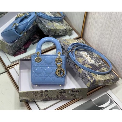 Dior Micro Lady Dior Bag In Blue Patent Calfskin LDBS240614