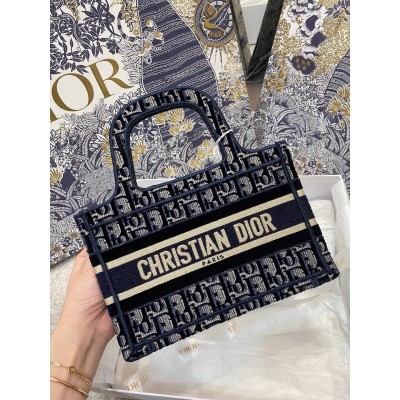 Dior Mini Book Tote Bag In Blue Dior Oblique Embroidered Velvet LDBS240624