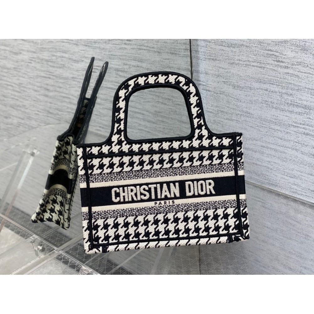 Dior Mini Book Tote Bag In Micro Houndstooth Embroidery LDBS240628