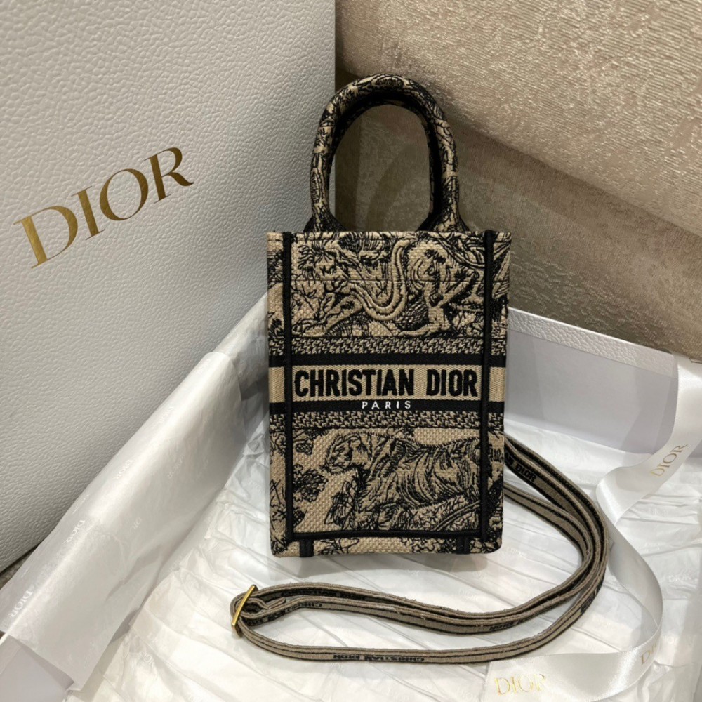 Dior Mini Book Tote Phone Bag In Hazelnut Toile de Jouy Embroidery LDBS240634