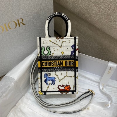 Dior Mini Book Tote Phone Bag In White Pixel Zodiac Embroidery LDBS240636