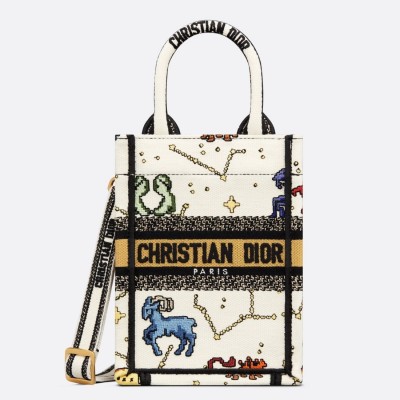 Dior Mini Book Tote Phone Bag In White Pixel Zodiac Embroidery LDBS240636