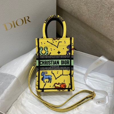 Dior Mini Book Tote Phone Bag In Yellow Pixel Zodiac Embroidery LDBS240637