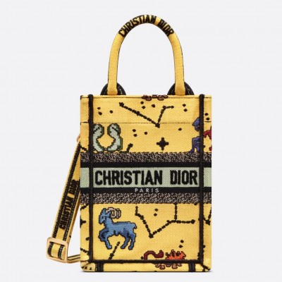 Dior Mini Book Tote Phone Bag In Yellow Pixel Zodiac Embroidery LDBS240637