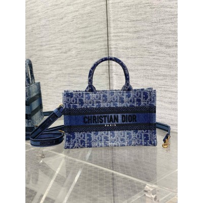 Dior Mini Book Tote with Strap in Blue Denim Oblique Jacquard LDBS240638