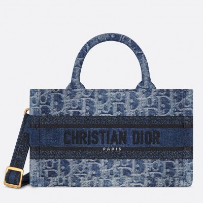 Dior Mini Book Tote with Strap in Blue Denim Oblique Jacquard LDBS240638