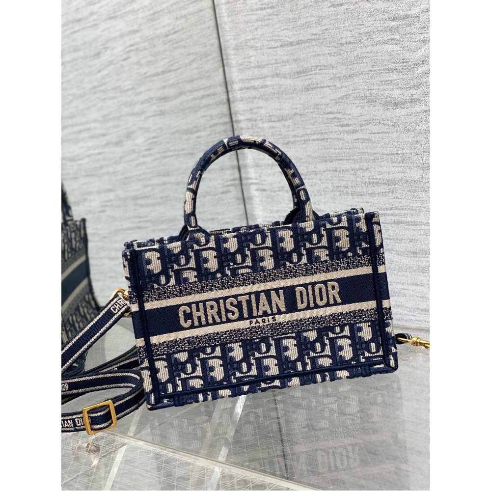 Dior Mini Book Tote with Strap in Blue Dior Oblique Embroidery LDBS240639