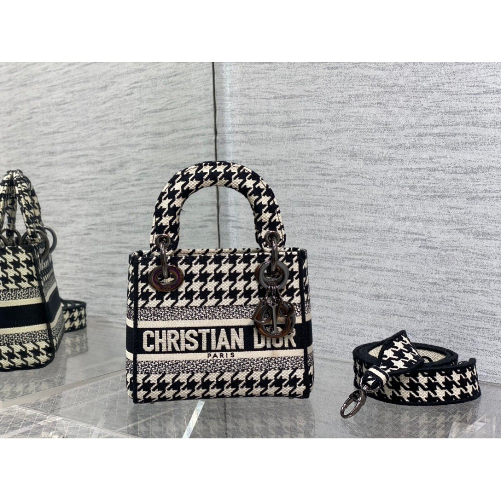 Dior Mini Lady D-Lite Bag In Black and White Houndstooth Embroidery LDBS240686