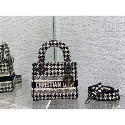 Dior Mini Lady D-Lite Bag In Black and White Houndstooth Embroidery LDBS240686