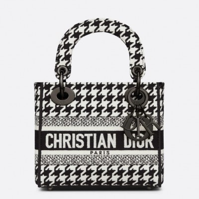 Dior Mini Lady D-Lite Bag In Black and White Houndstooth Embroidery LDBS240686