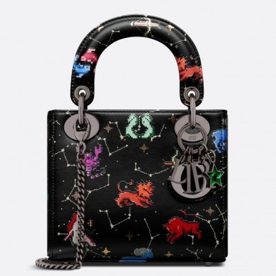 Dior Mini Lady Dior Bag In Black Calfskin with Pixel Zodiac Print LDBS240651