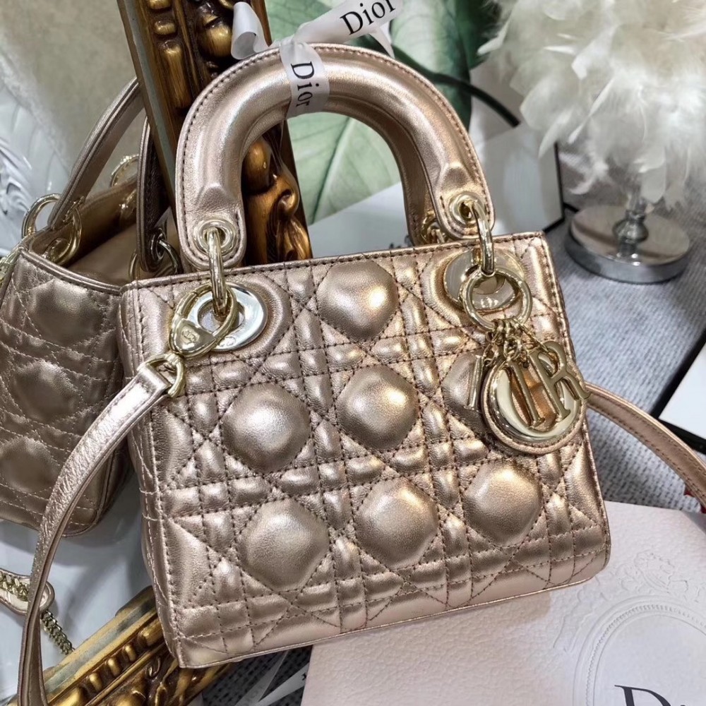 Dior Mini Lady Dior Bag In Gold Metallic Calfskin LDBS240659