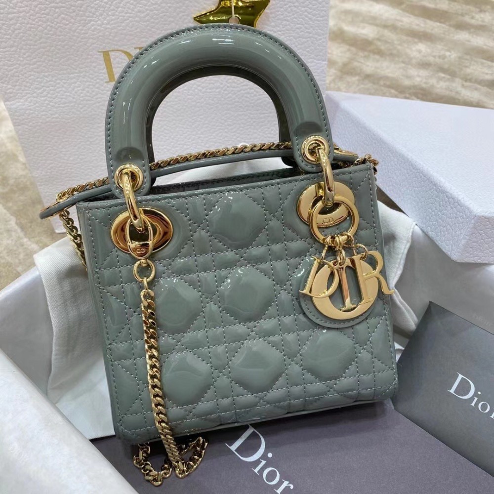 Dior Mini Lady Dior Bag In Grey Patent Calfskin LDBS240661