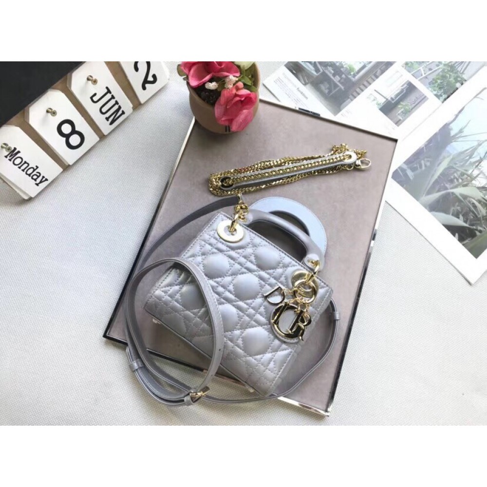 Dior Mini Lady Dior Bag In Grey Pearly Lambskin LDBS240662