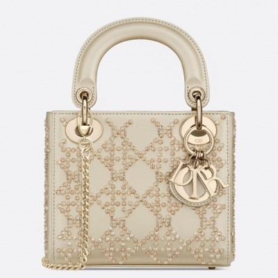 Dior Mini Lady Dior Bag In Metallic Lambskin with Beaded Embroidery LDBS240664